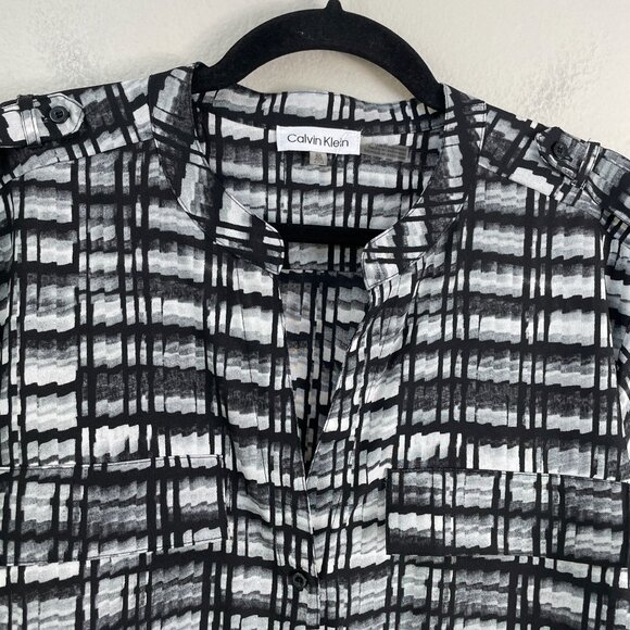 Calvin Klein Womens Plus 2X Black White Plaid Tunic Top Roll Tab Sleeve Shirt - Picture 8 of 10